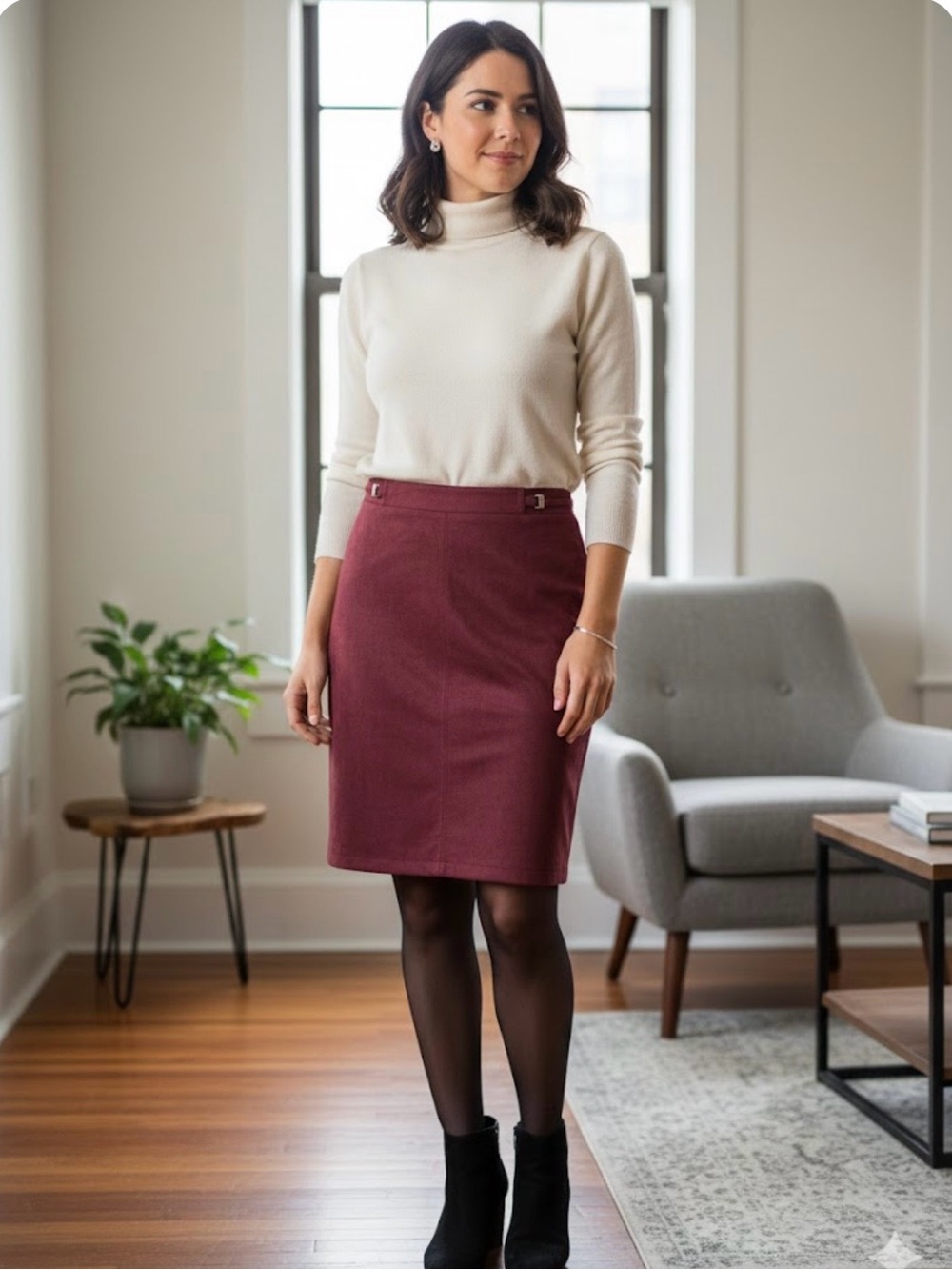 Scarlett Tailored High-Waist Pencil Skirt in Wine Red